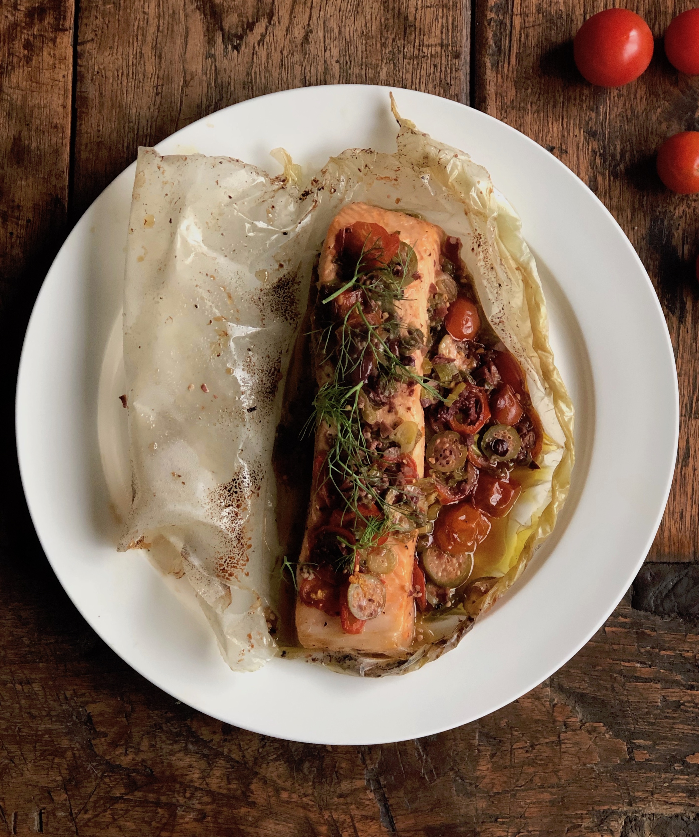 mediterranean salmon baked in parchment (en papillote) recipe